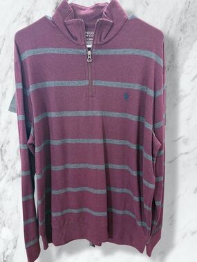 Polo by Ralph Lauren Maroon and Gray Striped Quarter-Zip Sweater